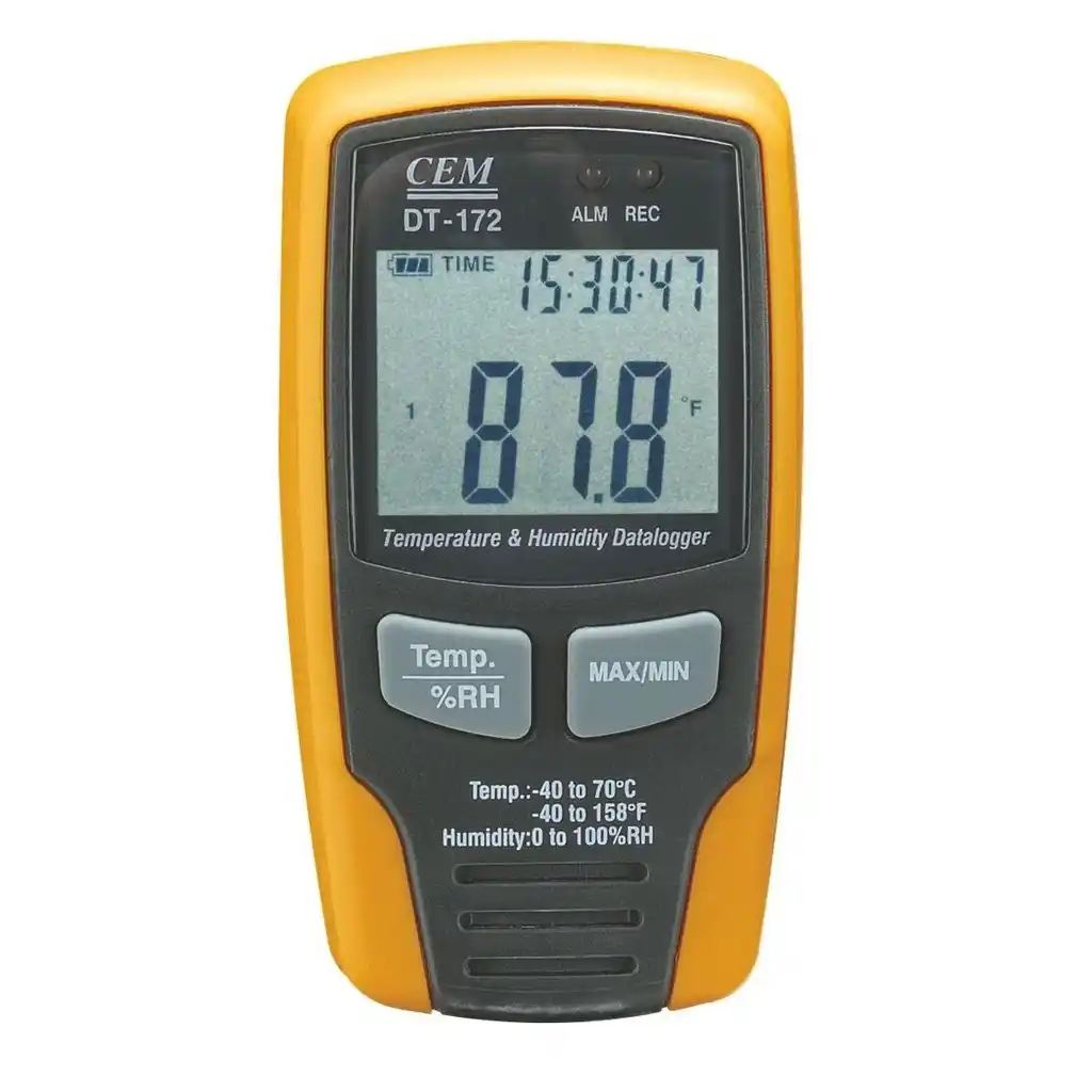 Vista frontal del termohigrómetro Cem DT 172, data logger de temperatura y humedad