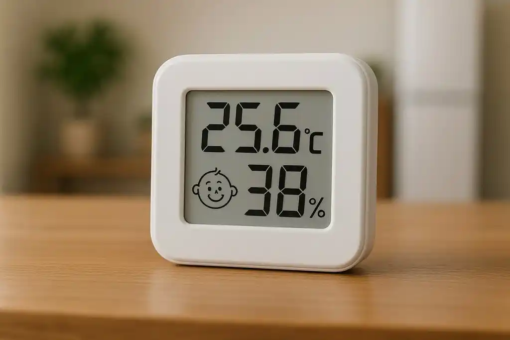 Termohigrómetro digital de color blanco con pantalla LCD encima de una mesa de madera en una vivienda, de fondo una planta