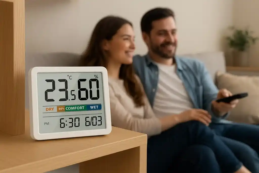 Termohigrómetro digital jumbo en un mueble y de fondo una pareja joven sentada en el sofá sonriendo y mirando la televisión