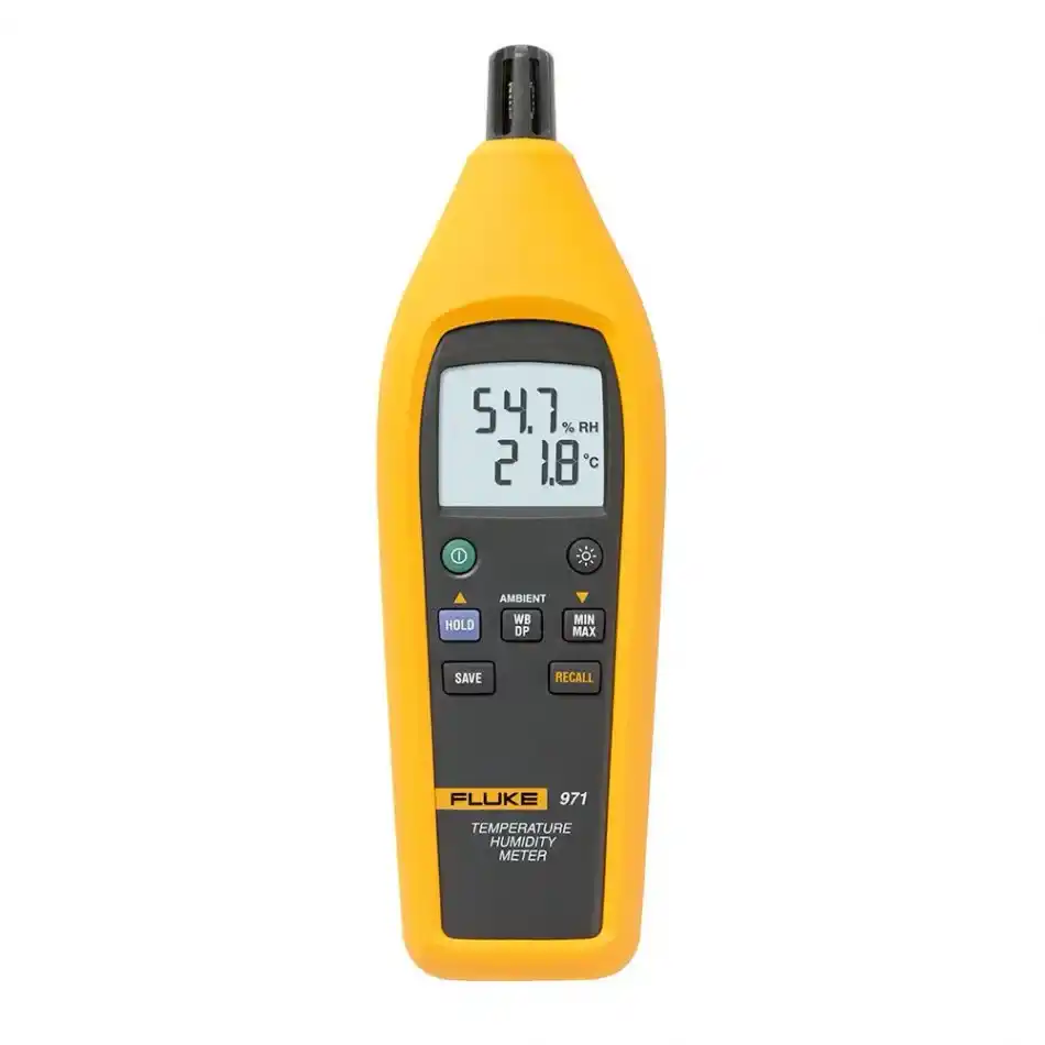 Vista frontal del termohigrómetro Fluke 971, medidor de temperatura y humedad relativa