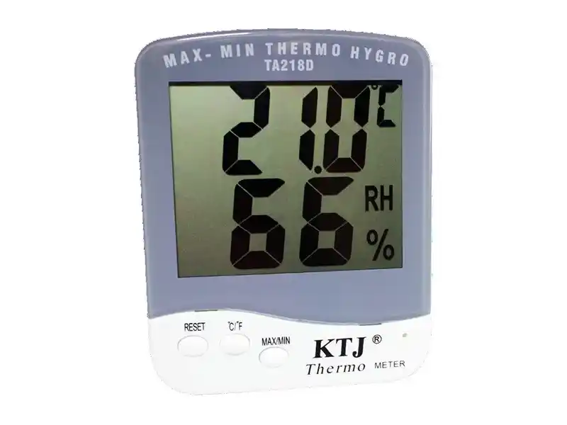 Vista frontal del termohigrómetro KTJ TA218D, medidor de temperatura y humedad interior