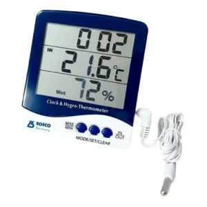 Vista frontal del termohigrómetro SH 110 con sonda externa, que en este caso está distribuido por la marca Boeco Germany