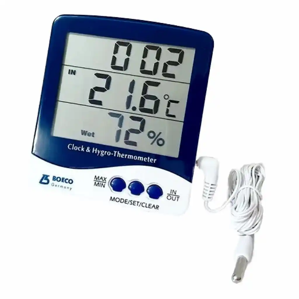 Vista frontal del termohigrómetro SH 110 con sonda externa, que en este caso está distribuido por la marca Boeco Germany