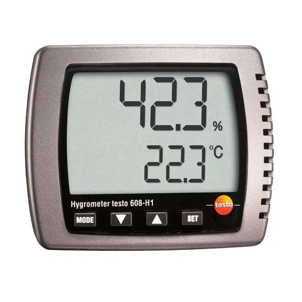 Vista frontal de un termohigrómetro Testo 608 H1 con función de higrómetro y termómetro digital