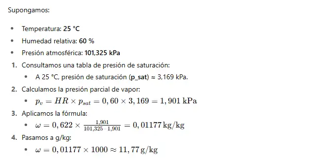 Explicación y ejemplo de cálculo de la humedad específica con las fórmulas anteriores