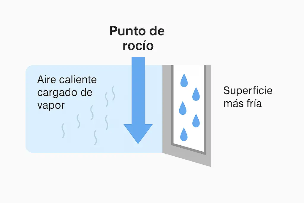 Esquema del punto de rocío y la condensación que se genera cuando el aire con humedad toca una superfície más fría