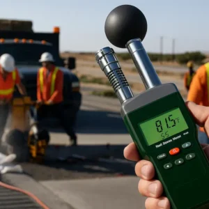 Persona haciendo una medición con un monitor de estrés térmico para saber el índice WBGT en unos trabajos en una carretera, hay una furgoneta de fondo y 3 obreros trabajando