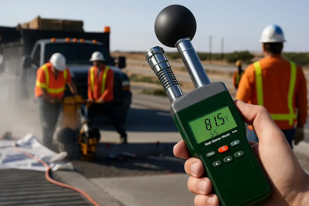 Persona haciendo una medición con un monitor de estrés térmico para saber el índice WBGT en unos trabajos en una carretera, hay una furgoneta de fondo y 3 obreros trabajando