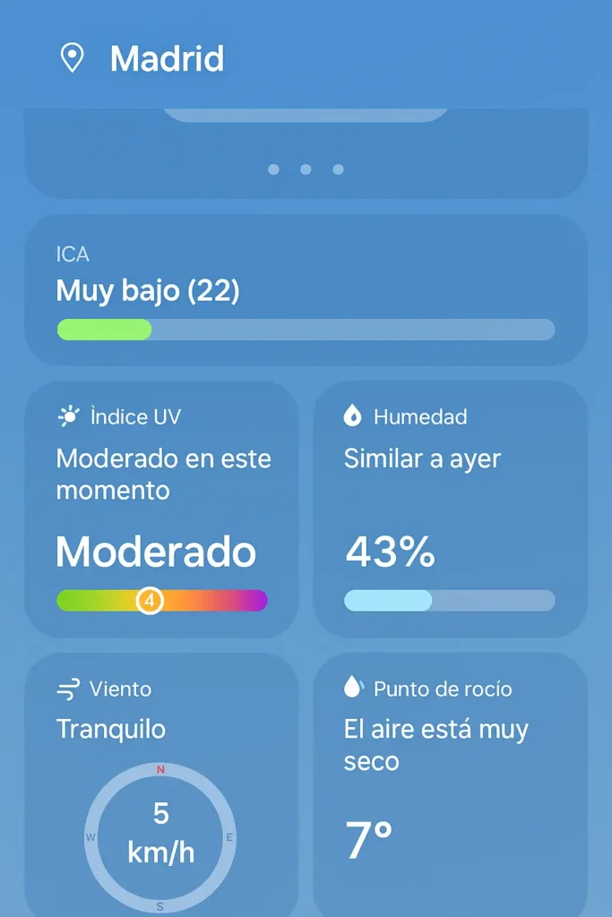 Captura de pantalla de una app de meteorología de móvil marcando diferentes variables incluido el punto de rocío