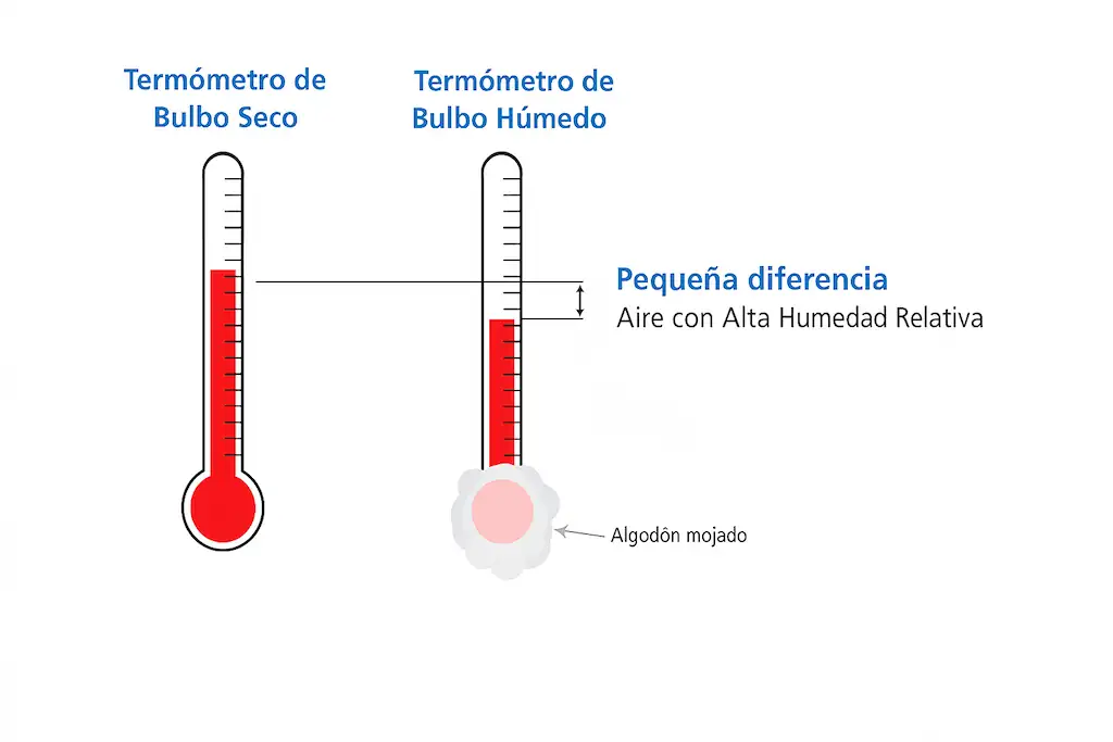 Comparativa esquemática de la lectura de temperatura que marca un psicómetro