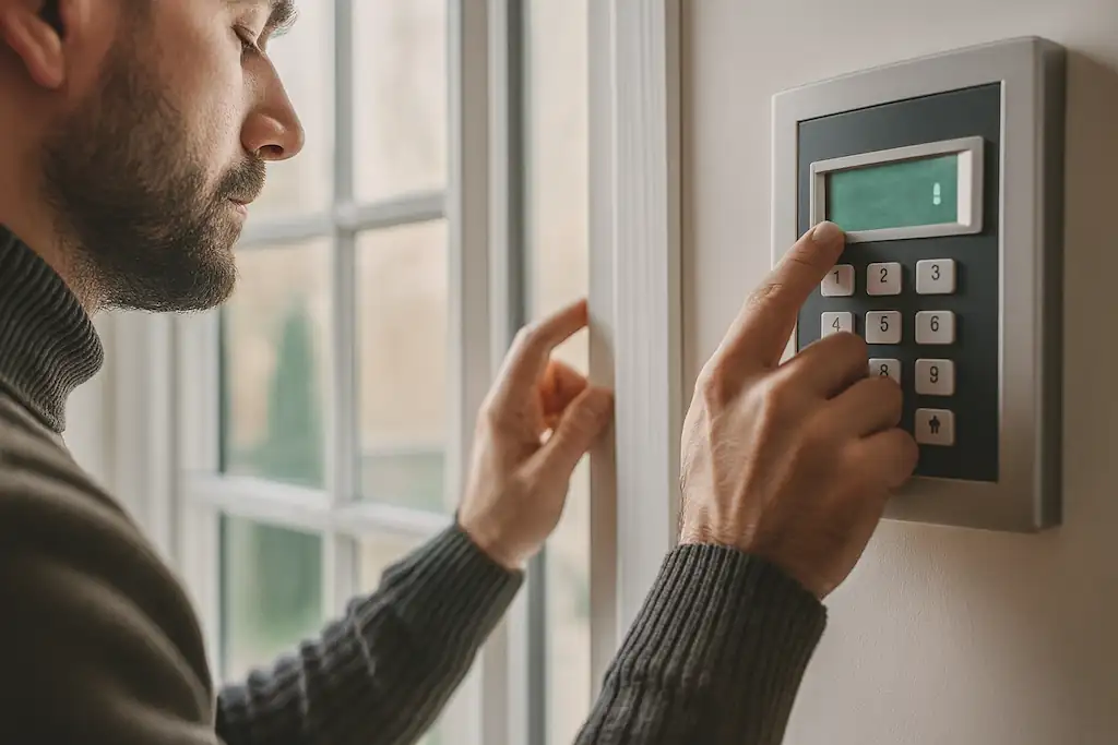 Mano de un hombre usando el control digital de un climatizador en la pared junto a una ventana