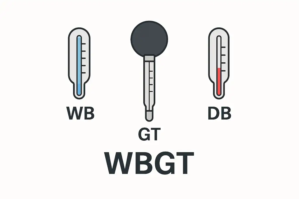 Diagrama de los tres termómetros usados para calcular el índice WBGT: bulbo húmedo (WB), globo negro (GT) y bulbo seco (DB), con la sigla WBGT debajo