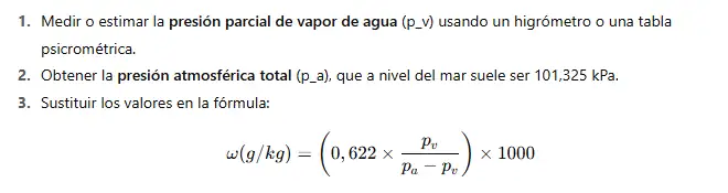 Ecuación para calcular la humedad específica a partir de la presión de vapor y presión atmosférica