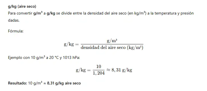 La ecuación para calcular la humedad absoluta, conversión de g/m3 a g/kg