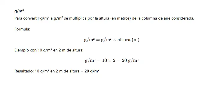 La ecuación para calcular la humedad absoluta, conversión de g/m3 a g/m2