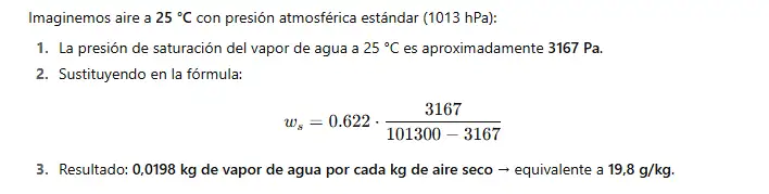 Fórmula de la humedad de saturación completada con valores de ejemplo