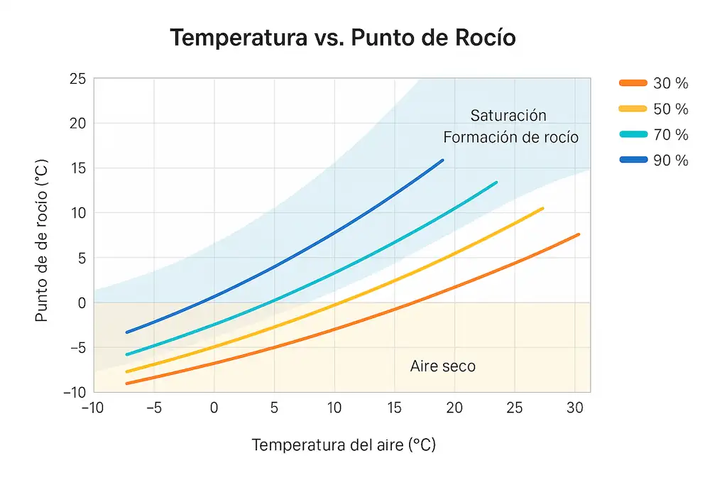 Gráfico de línea o curva mostrando cómo varía el punto de rocío según la temperatura