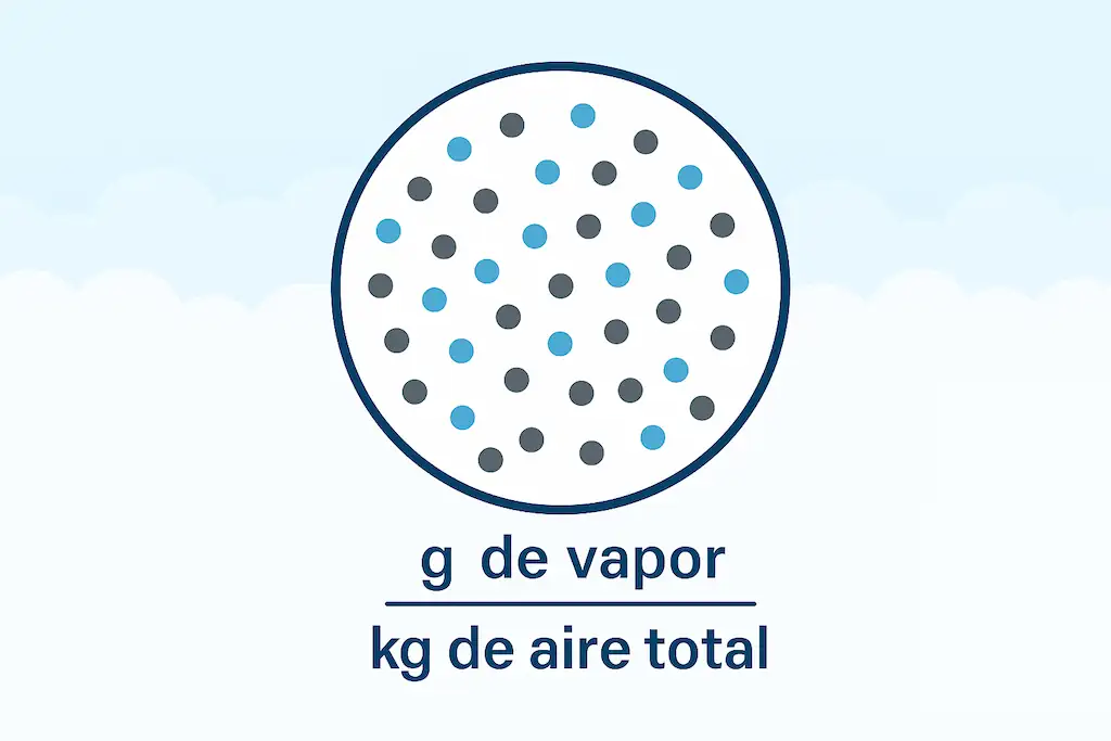 Ilustración de la humedad específica mostrando en un círculo la proporción de vapor de agua (puntos azules) y aire seco (puntos grises), con la fórmula g de vapor / kg de aire total debajo.