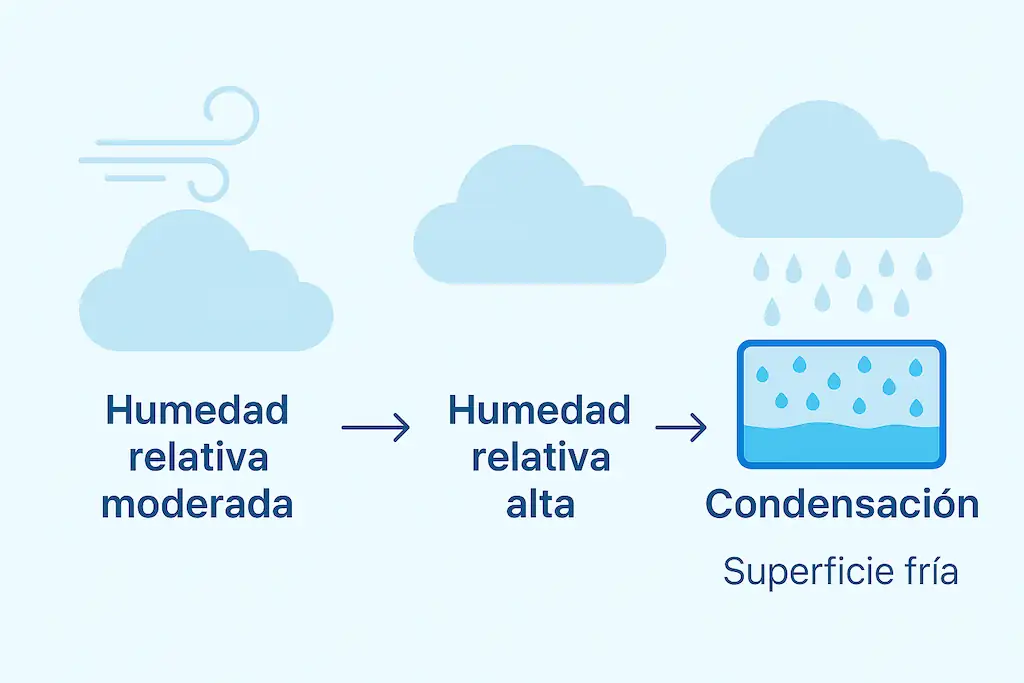 Infografía mostrando cómo el aumento de humedad relativa acerca el aire a su punto de rocío, con ilustración de condensación sobre una superficie fría