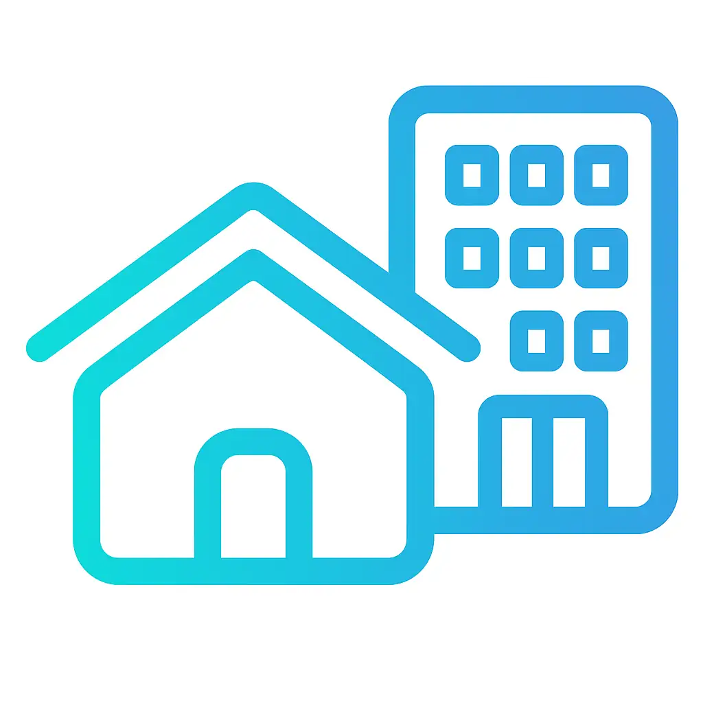 icono vectorial de una casa y una oficina en contorno azul y fondo blanco