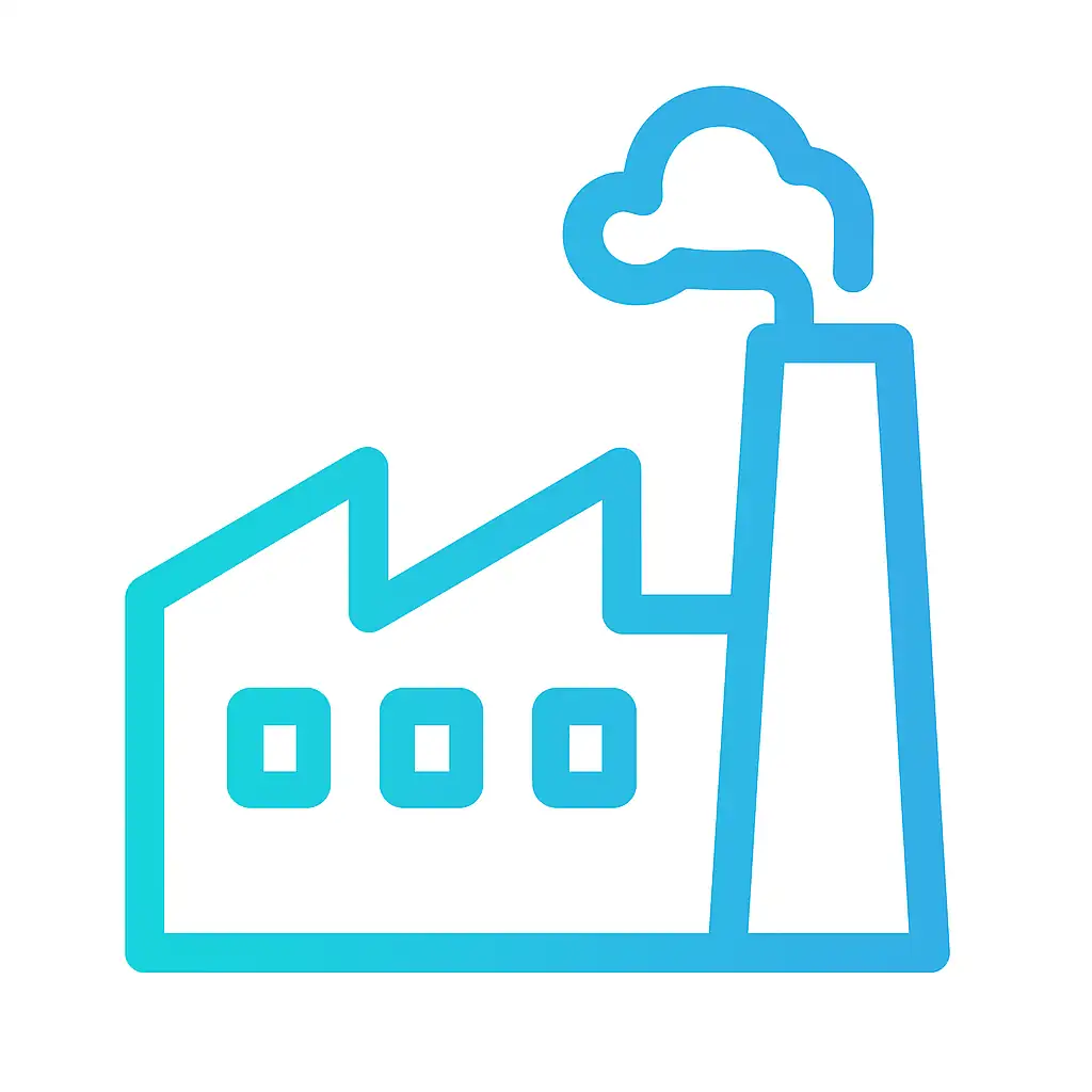 icono vectorial de una fábrica de contorno azul y fondo blanco