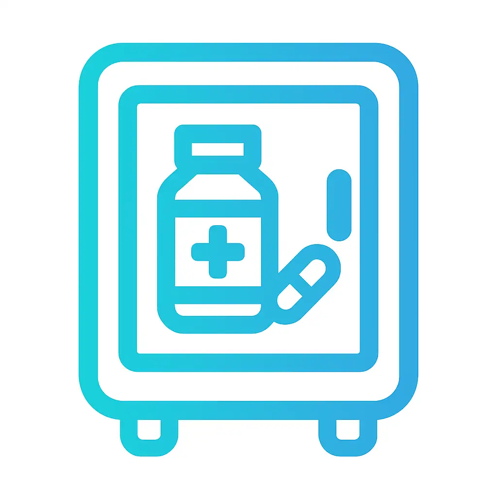 icono vectorial de un refrigerador de medicamentos de contorno azul y fondo blanco