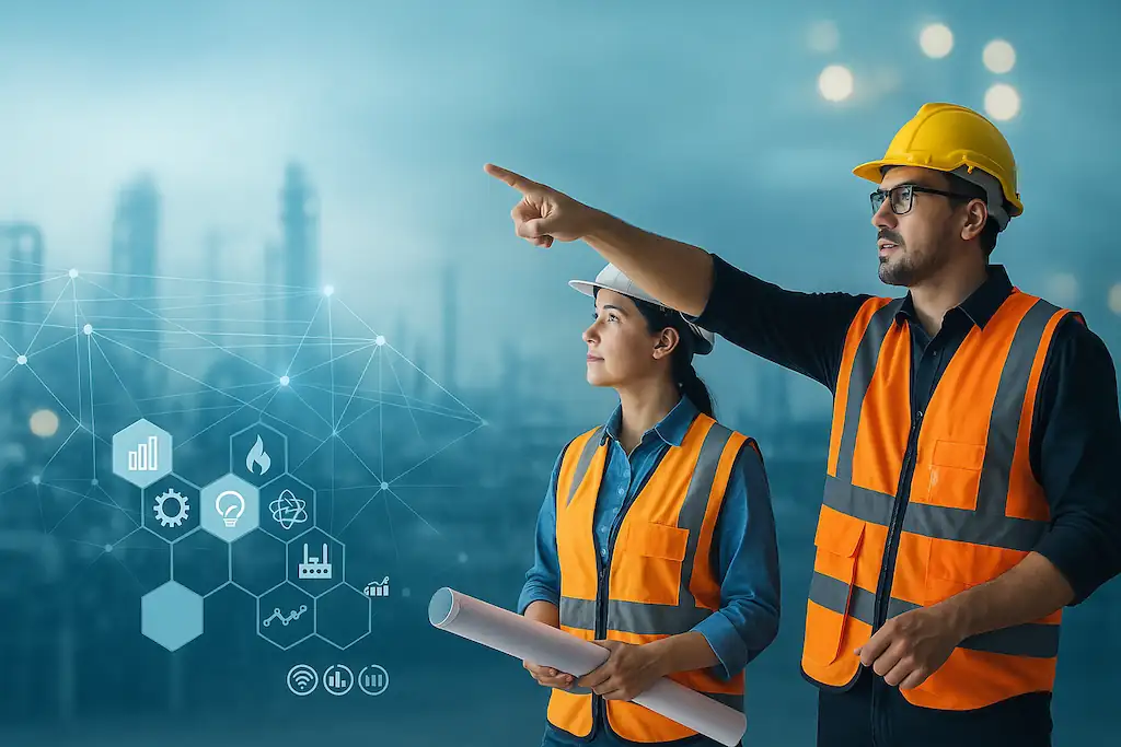 Dos ingenieros con casco y chaleco de seguridad observando una planta industrial digitalizada con iconos tecnológicos