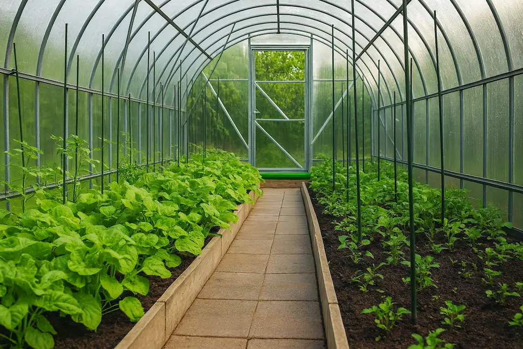 Interior de un invernadero con camas de cultivo elevadas y plantas verdes a ambos lados de un pasillo central