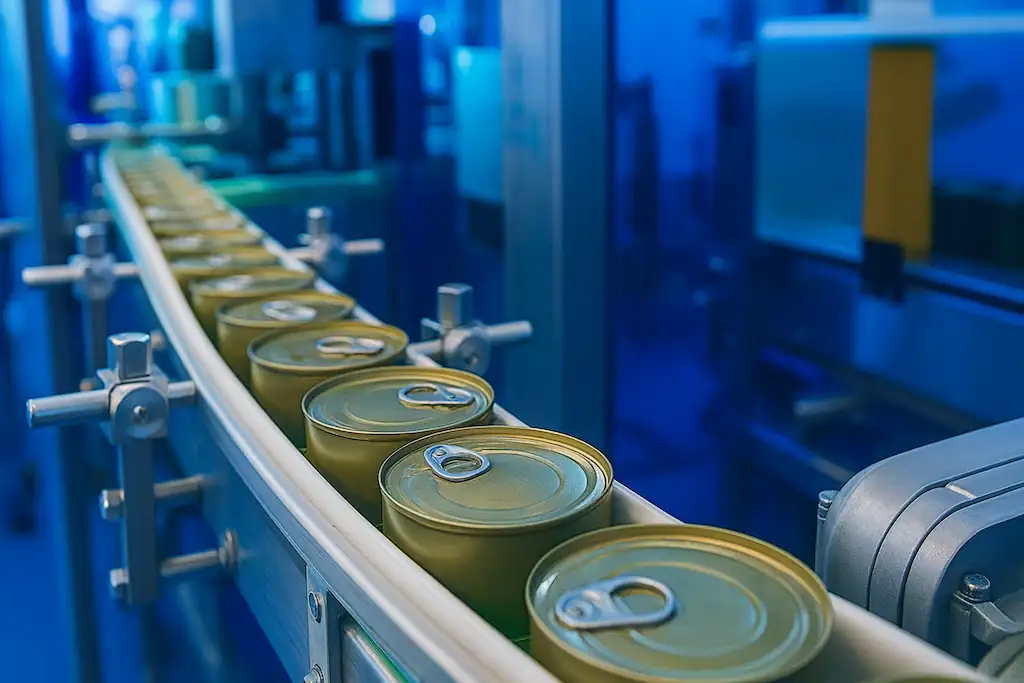 Cinta transportadora industrial con latas metálicas en una planta de producción