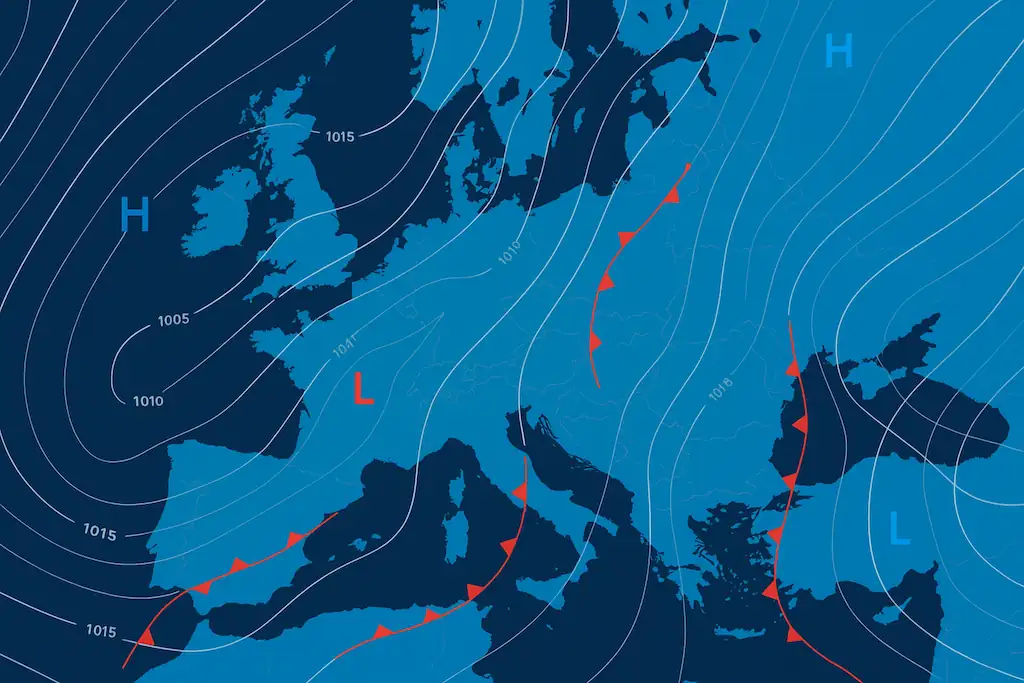 Mapa del tiempo de Europa con líneas de isobaras, frentes cálidos y fríos, zonas de alta y baja presión atmosférica