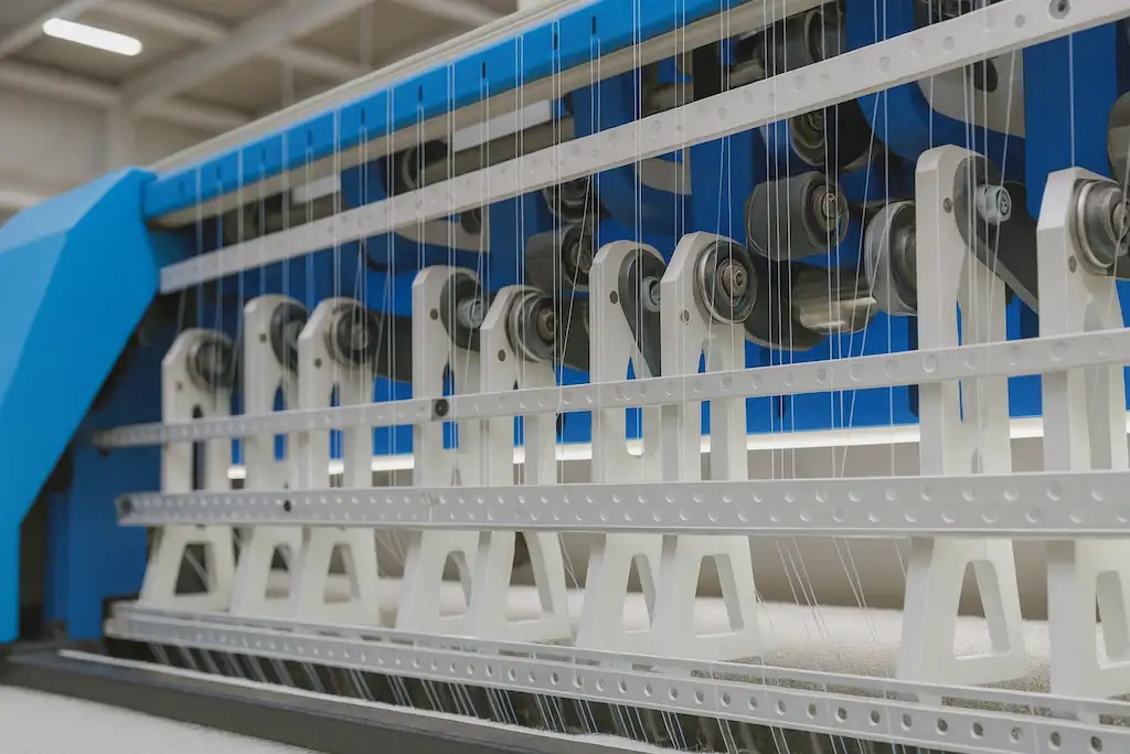 Primer plano horizontal de una máquina textil industrial con hilos tensados y piezas mecánicas en movimiento