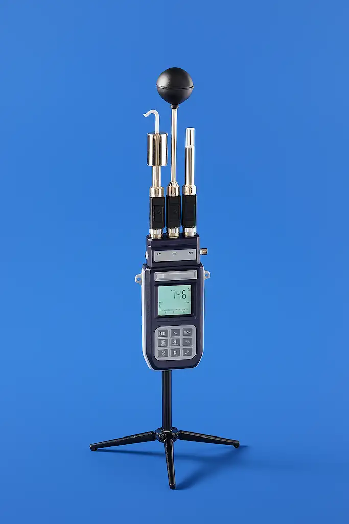 Medidor digital WBGT colocado en un trípode y haciendo las mediciones pertinentes para saber el índice wbgt