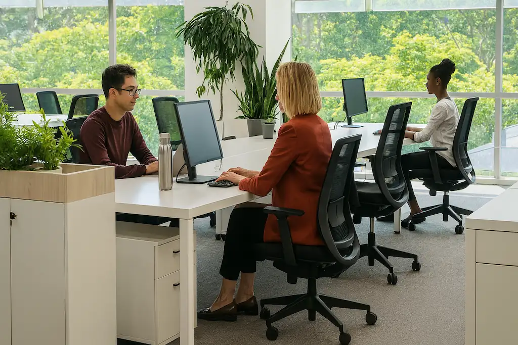 Personas trabajando en una oficina moderna con luz natural, donde se controla la humedad absoluta para un ambiente confortable