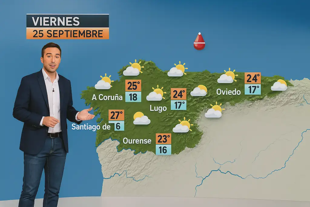 Presentador del tiempo junto a un mapa meteorológico que muestra temperaturas y pronósticos de ciudades en el norte de España