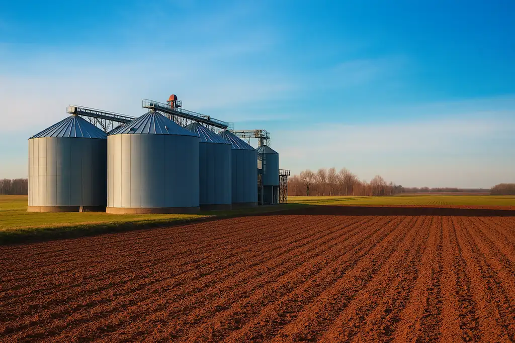 Conjunto de silos metálicos para almacenamiento de grano junto a un campo cultivado
