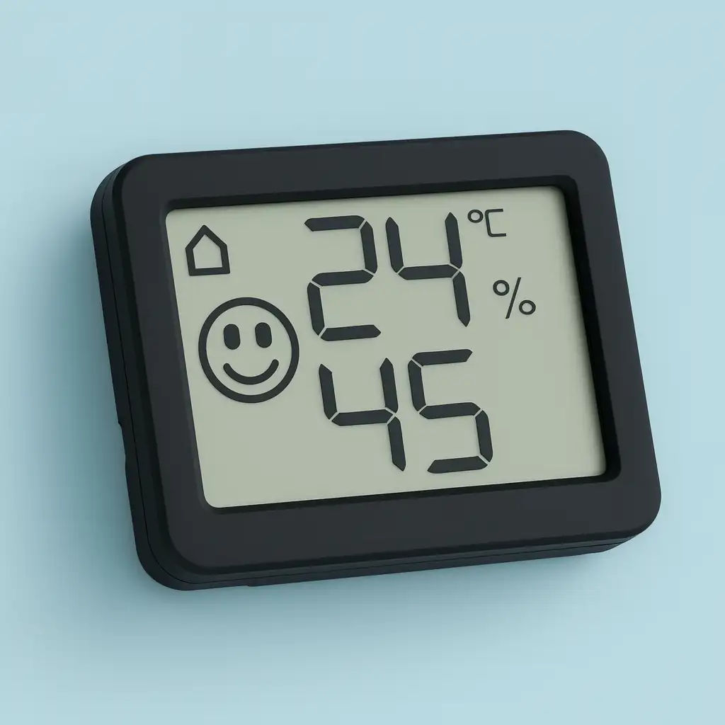 Termohigrómetro digital negro con pantalla LCD mostrando temperatura de 24 °C y 45% de HR sobre fondo azul claro