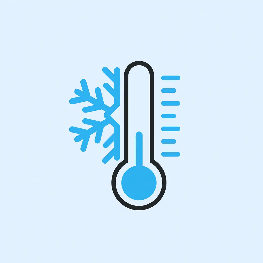 Termómetro frío con copo de nieve y fondo azul suave