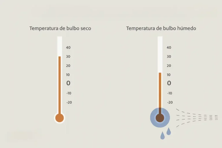 Ilustración comparativa entre la temperatura de bulbo seco y la temperatura de bulbo húmedo con termómetros y efecto de evaporación